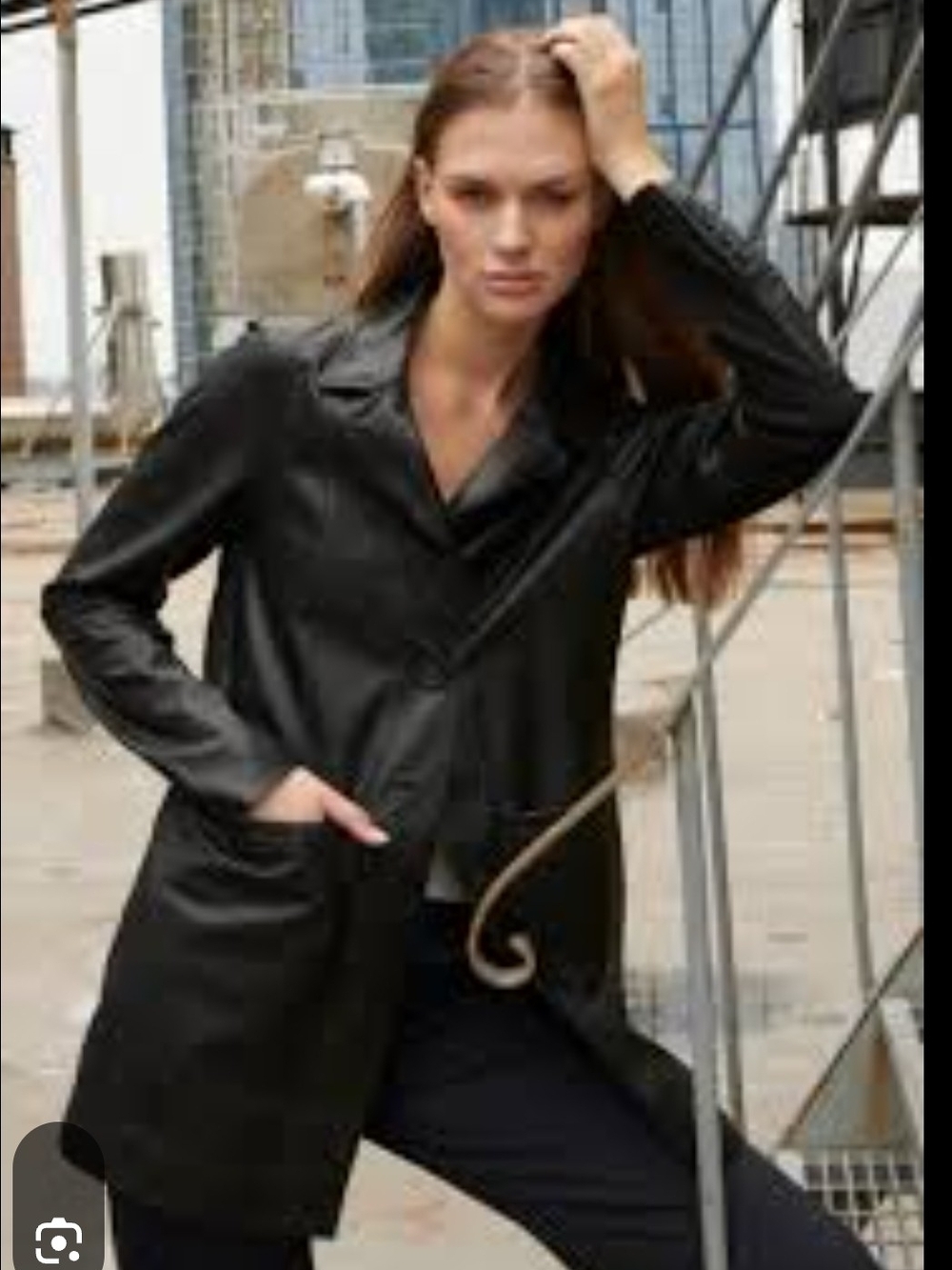 Women's Black Long Leather Jacket - Sleek Single-Breasted Coat